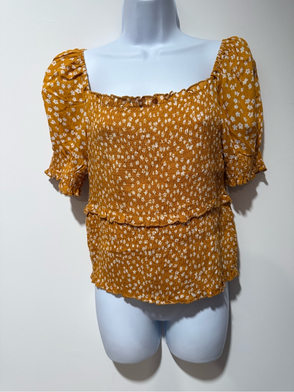 Derek Heart Mustard Floral Smocked Square-Neck Peplum Top